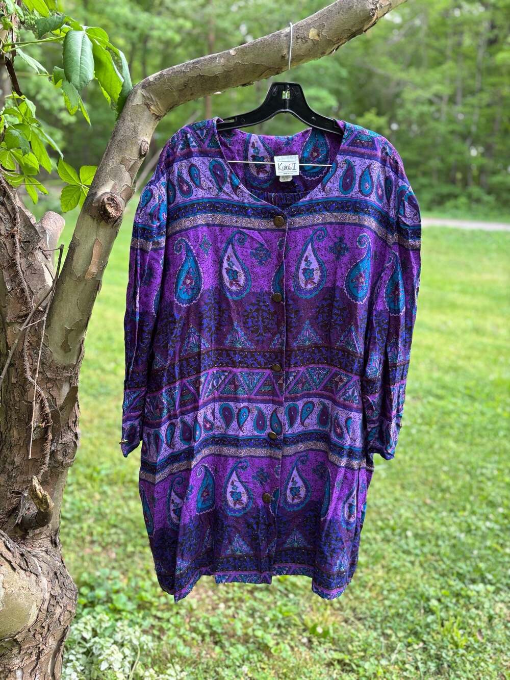 Vintage Boho Purple Paisley Skirt and Button-Down Top Set